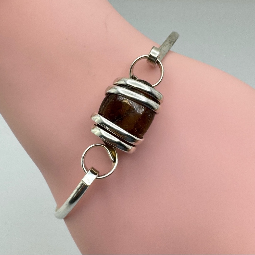 Vintage Mexico Brecciated Jasper Silver Cuff Bracelet Artisan Handcrafted